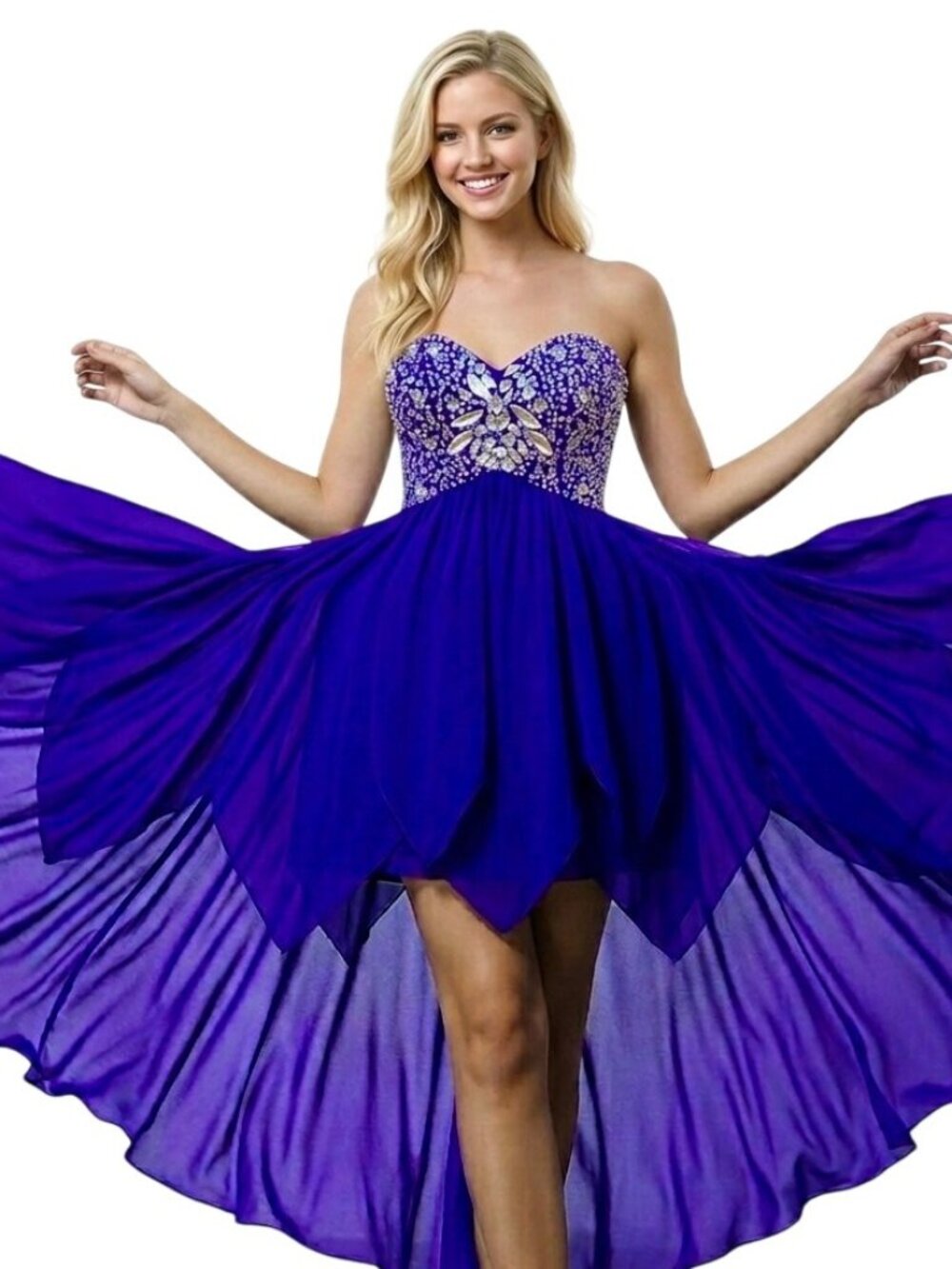 Strapless High-Low Royal Blue Dress Embellished Beaded Bodice Flowy Chiffon